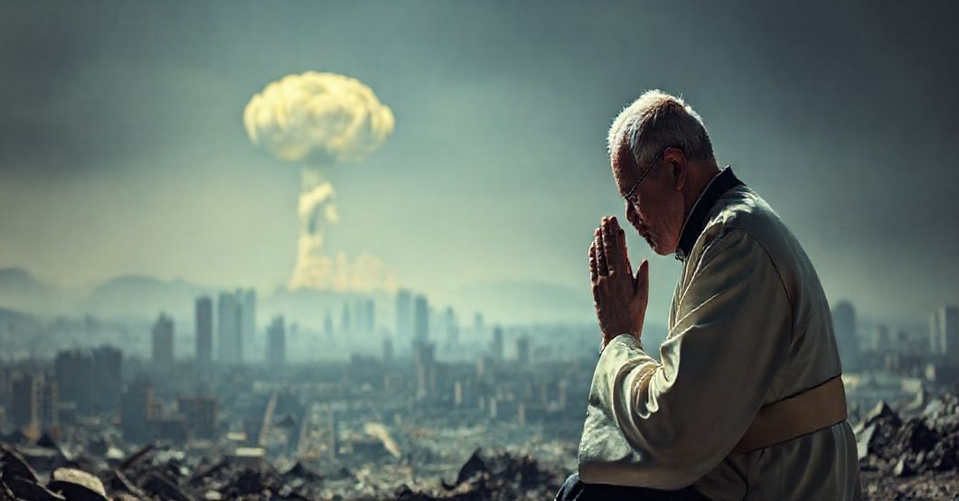 Katolicki ksiądz modli się w ruinach miasta po wybuchu atomowym, symbolizując chaos świata bez królestwa Chrystusa.