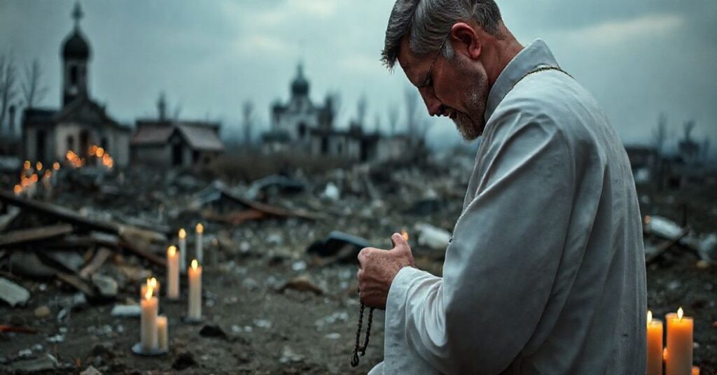 Tradycyjny katolicki ksiądz modli się w ruinach kościoła na Ukrainie, symbolizując duchową pustkę i potrzebę pokuty w czasach wojny.