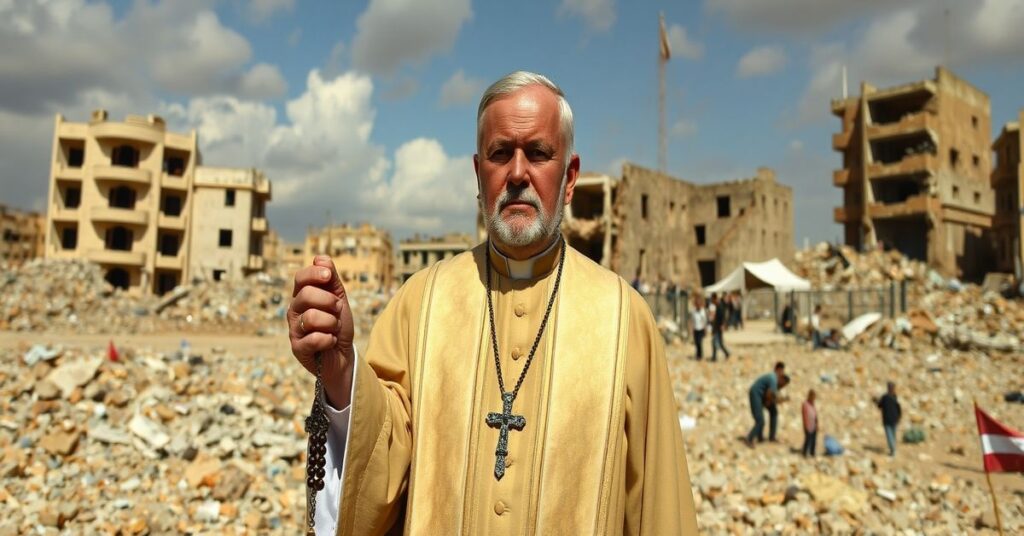 Katolicki ksiądz w tradycyjnych szatach modląc się w zniszczonym pejzażu Libanu, symbolizujący duchową pustkę i polityczną bezsilność Watykanu