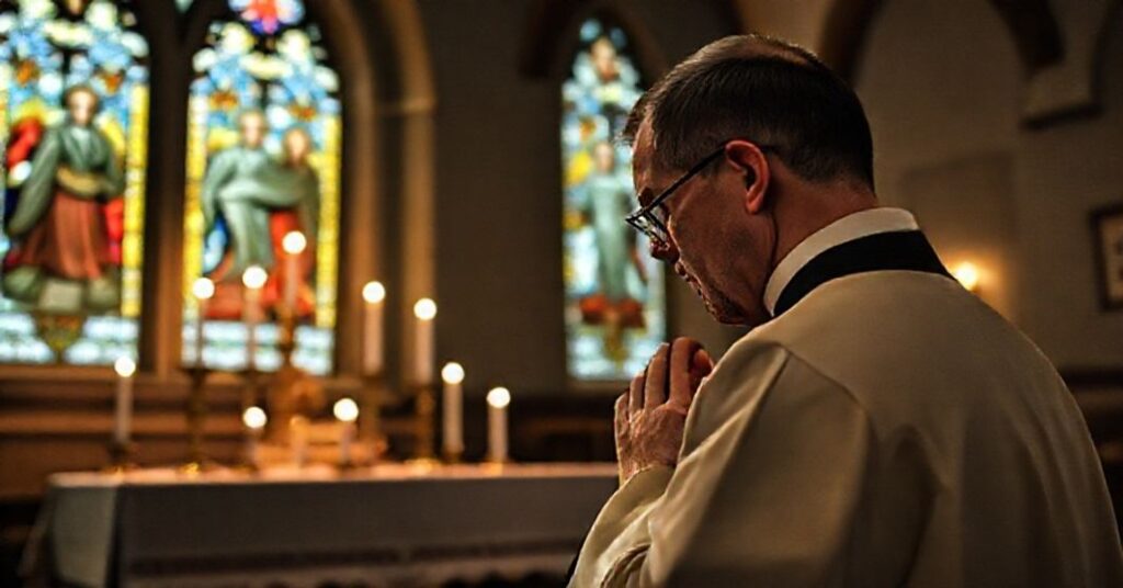 Ksiądz w tradycyjnym habitacie modli się przed tabernakulum w ciemnej kaplicy z witrażami przedstawiającymi świętych