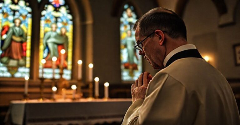 Ksiądz w tradycyjnym habitacie modli się przed tabernakulum w ciemnej kaplicy z witrażami przedstawiającymi świętych