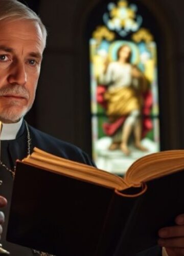 Ksiądz modli się w tradycyjnym kościele Tradycyjny ksiądz w kościele modli się w ciemnym wnętrzu z witrażami przedstawiającymi sceny biblijne.