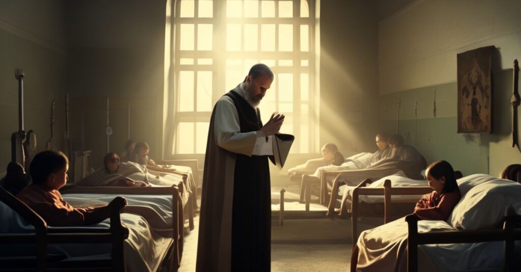 Tradycyjny ksiądz w sutannie modli się z dziećmi w szpitalu, ukazując prawdziwą naturę cierpienia jako konsekwencję grzechu pierworodnego.