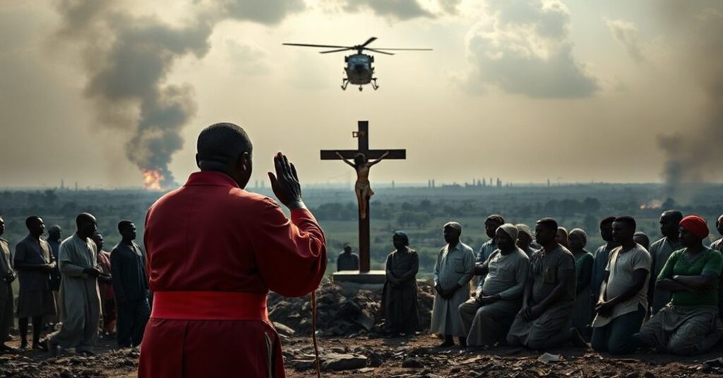 Katholicki ksiądz w stroju liturgicznym modli się z grupą nigerijskich wieśniaków na tle amerykańskiego helikoptera wojskowego.