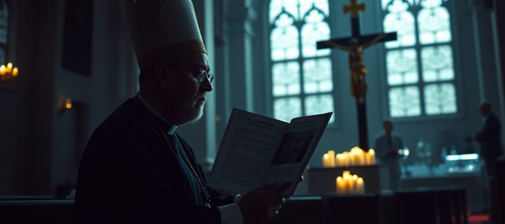 Ksiądz modli się przed krzyżem z raportem naukowym o insulinooporności w ciemnym kościele