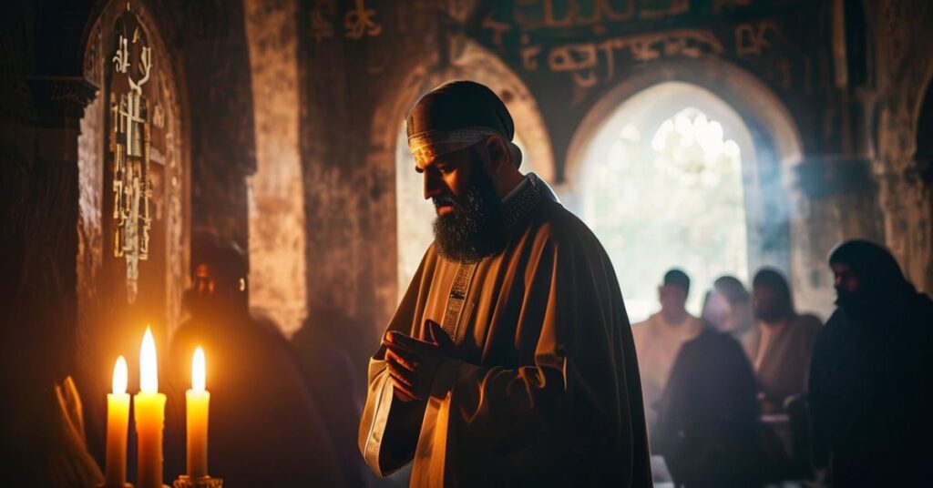 Ksiądz modli się przed krzyżem w kaplicy, na tle prześladowanych katolików w Iranie