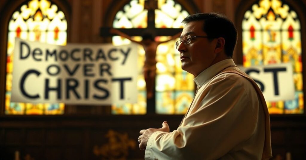 Ksiądz w tradycyjnych ornatach modli się przed krzyżem, symbolizując walkę między laickim humanitaryzmem a Królestwem Chrystusa.