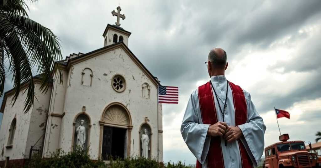 Ksiądz w tradycyjnym stroju kościelnym modli się przed zniszczoną kubąńską świątynią przy American Flag