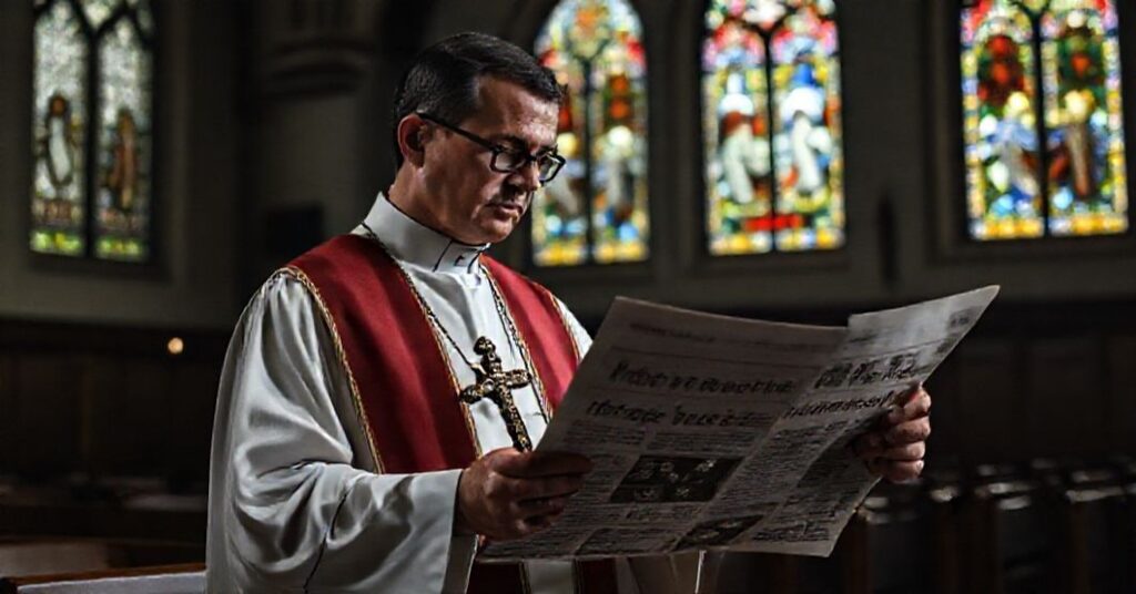 Ksiądz w tradycyjnym stroju liturgicznym trzyma krzyż podczas rezonansowej modlitwy w świetle witraży kościelnych.