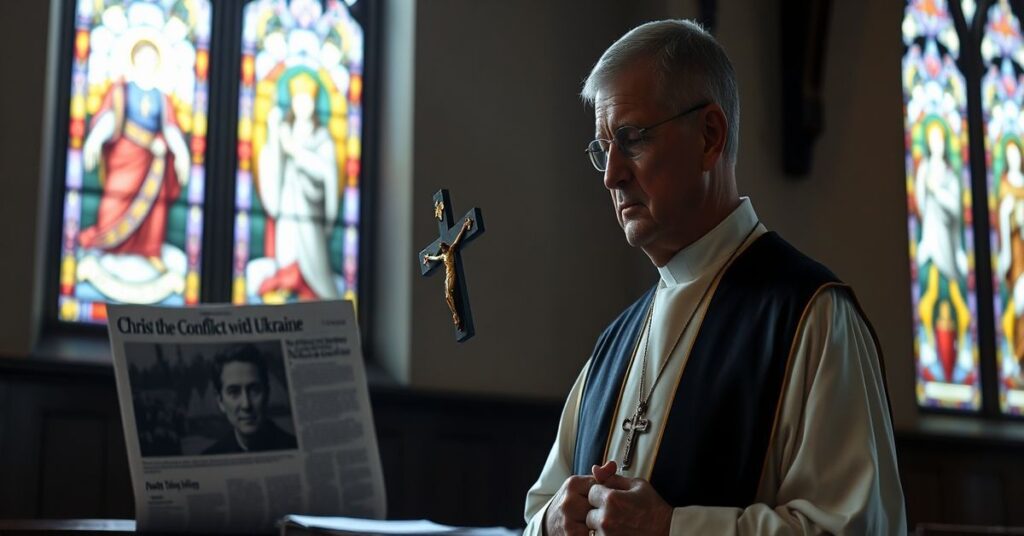 Ksiądz katolicki w tradycyjnych ornatach stoi w kościele, trzymając krzyż w ręku i patrząc na wiadomość o konflikcie energetycznym między Węgrami a Ukrainą.