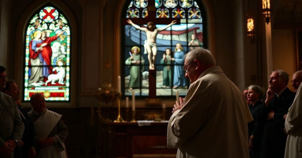 Króliczka katolicki ksiądz modli się przed krucyfiksem w tradycyjnym kościele z grupą wiernych w tle