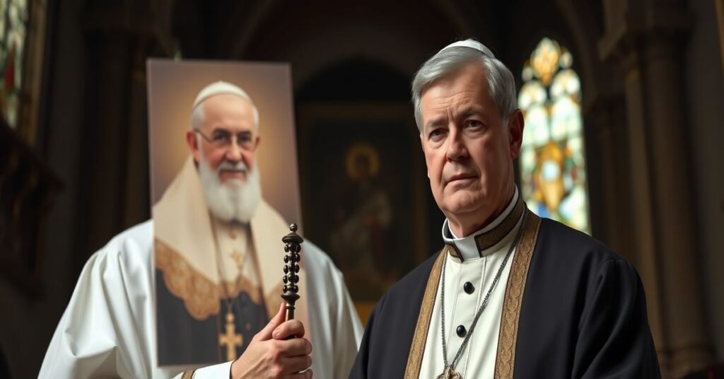 Katolicki ksiądz w tradycyjnych szatach stojący przed kościołem z różańcem w ręce, obok zdjęcie prawosławnego patriarchy Filareta. Wypowiadanie krytyki prawosławia i wezwanie do nawrócenia.