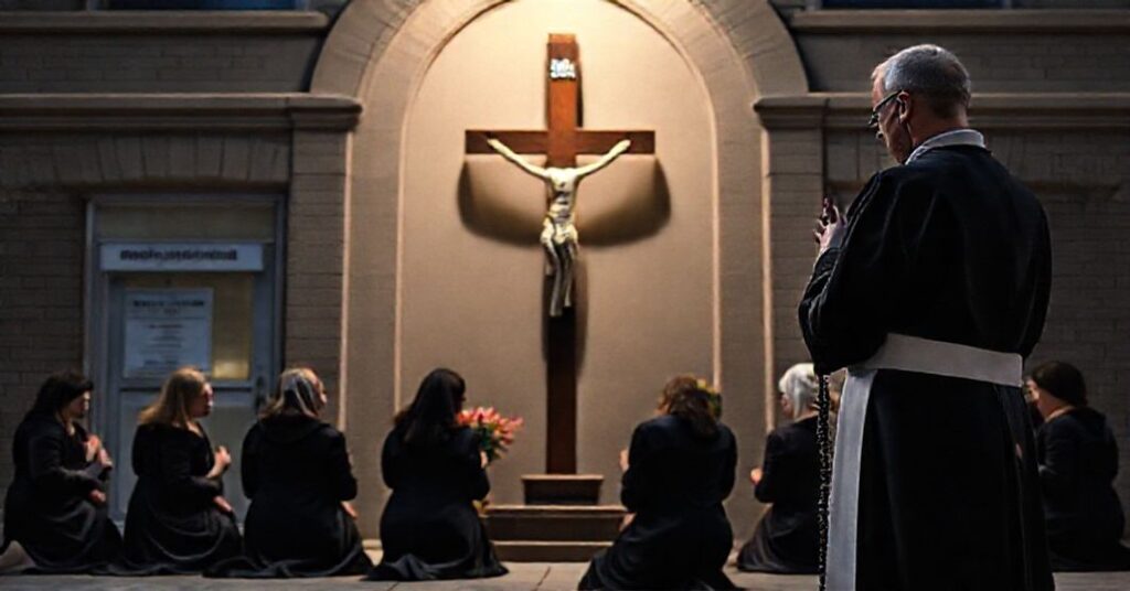 Tradycyjny ksiądz w sutannie modlący się przed zamkniętym poradni aborcyjnej z grupą pokutujących kobiet na tle krzyża.