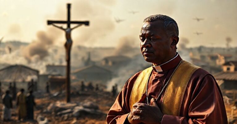Kształtowy katolicki ksiądz w tradycyjnych ornatach modli się przed krzyżem przed zniszczoną wioską w Nigerii.