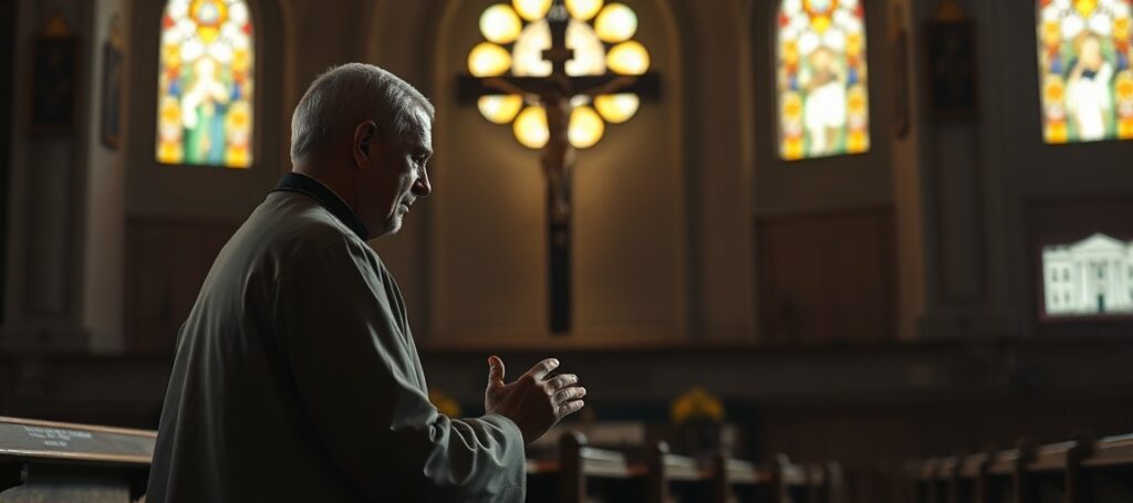 Katolicki ksiądz modli się przed krzyżem w ciemnym kościele, z tłem przedstawiającym budynek FDA i Biały Dom