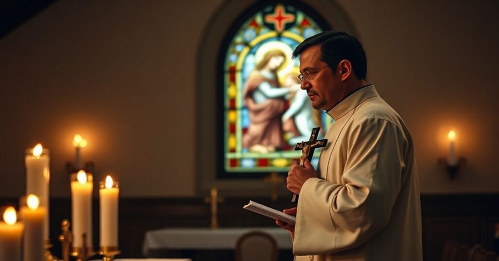 Kaplica katolicka z księdzem w kaszule modlącego się za ofiary aborcji