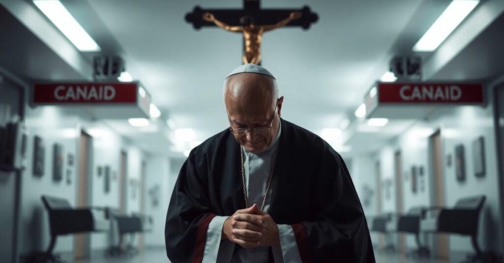 Ksiądz w tradycyjnym stroju modli się przed krzyżem na tle szpitala symbolizującego program MAID w Kanadzie