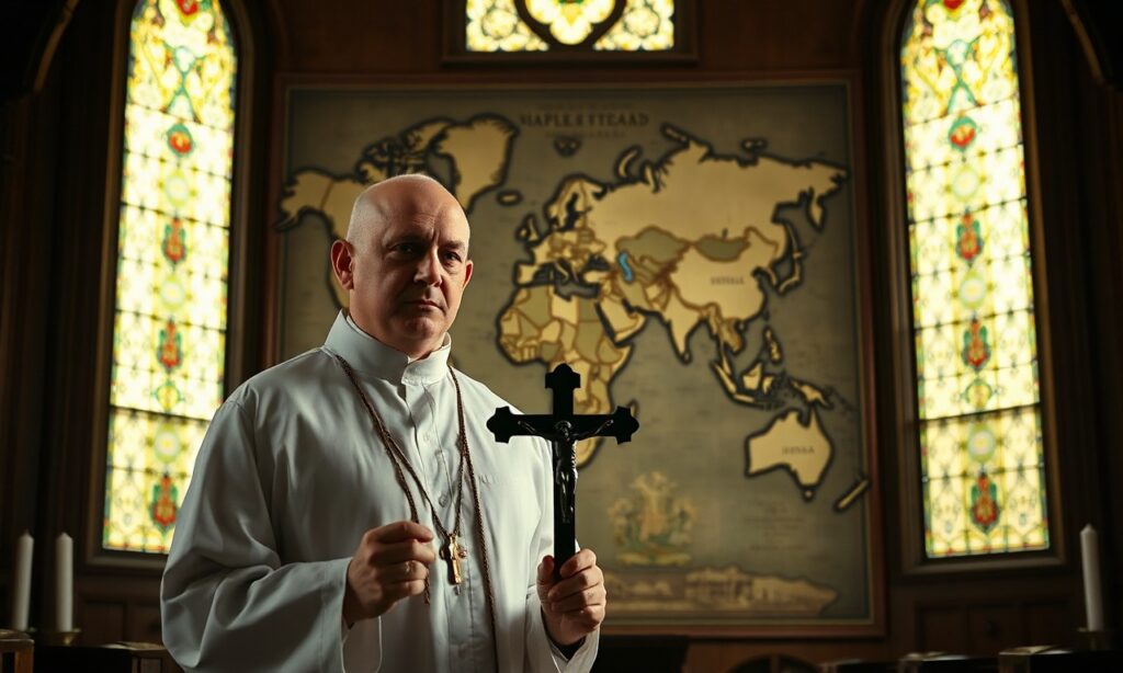 Ksiądz katolicki w tradycyjnym kościele modli się za ofiary prześladowań religijnych na całym świecie
