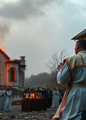 Modlitwa i pokuta za ofiary wojny w Rumunii Ksiądz w szatach liturgicznych modli się przed krzyżem na tle zniszczonego bloku mieszkalnego w Gałaczu. Scena podkreśla potrzebę pokuty i błagania o Boże wsparcie.