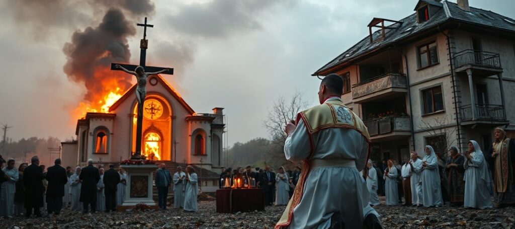 Ksiądz w szatach liturgicznych modli się przed krzyżem na tle zniszczonego bloku mieszkalnego w Gałaczu. Scena podkreśla potrzebę pokuty i błagania o Boże wsparcie.
