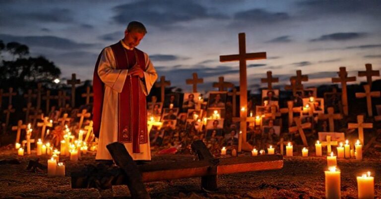 Katolicki ksiądz w tradycyjnych szatach modli się przed pomnikiem ofiar zamachu terrorystycznego w Sydney, otoczony krzyżami z zapalonymi świecami. Na tle widnieje splądrowany krzyż, symbolizujący odrzucenie Królestwa Chrystusowego.