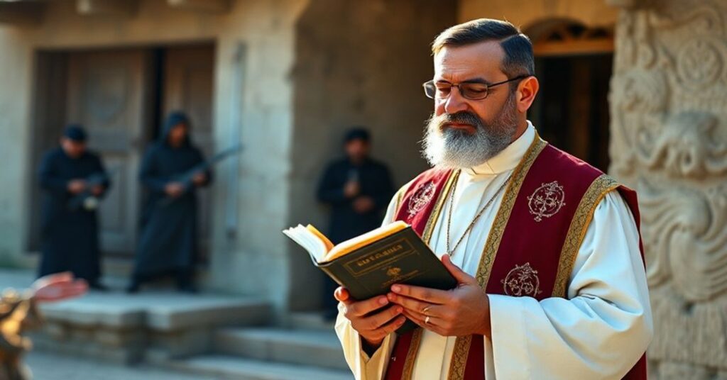 Katolicki ksiądz w tradycyjnych szatach modli się za prześladowanych chrześcijan w Iranie, z widocznymi symbolemi prześladowań i światłem bożym oświetlającym jego twarz.