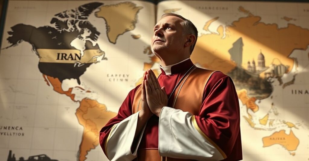 Ksiądz katolicki w tradycyjnych szatach modli się przed mapą świata oznaczonymi symbolami konfliktu między Iranem a Unią Europejską