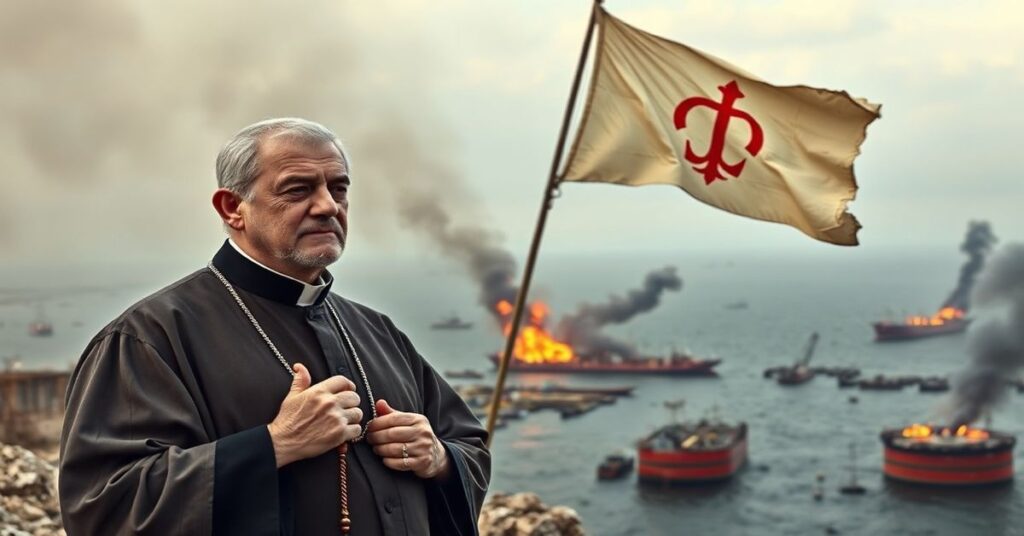 Katolicki ksiądz w tradycyjnym stroju liturgicznym modli się przed zniszczoną cieśniną Ormuz