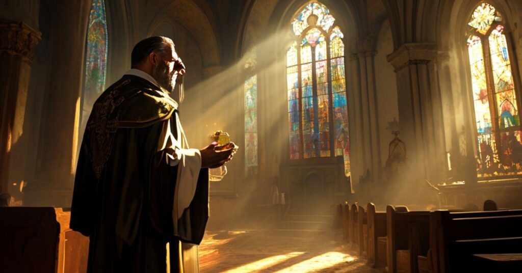 Ksiądz katolicki w tradycyjnych szatach stojący przed zniszczonym kościołem na Ukrainie, modlący się za pokój chrześcijański.