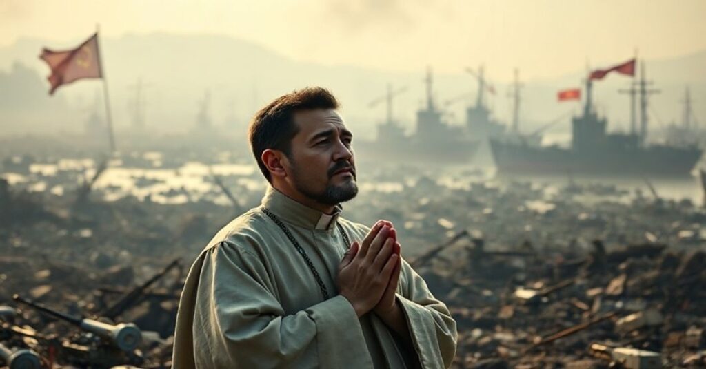 Tradycyjny ksiądz modli się w pobliżu chińskich okrętów wojennych podczas konfliktu z Tajwanem.