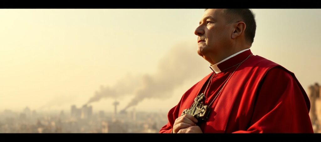 Ksiądz w tradycyjnych szatach liturgicznych stoi przed zniszczonym miastem z krzyżem w ręku, wyrażając smutek i refleksję nad śmiercią terrorysty.
