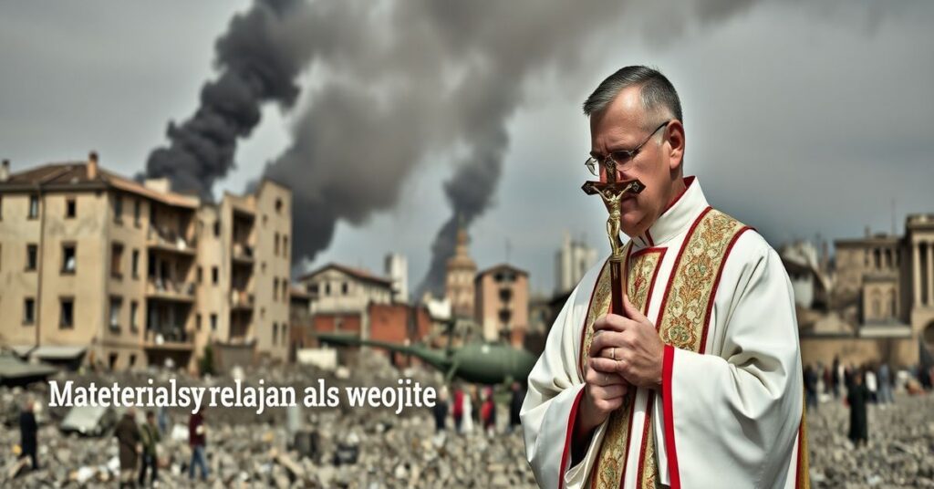 Ksiądz w tradycyjnych szatach modli się przed zniszczonym miastem w czasie wojny, trzymając krucyfiks.