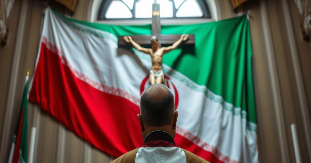 Ksiądz katolicki w tradycyjnych szatach modli się przed krzyżem z flagą Iranu na tle, symbolizując duchowy opór wobec przemocy seculistycznej.