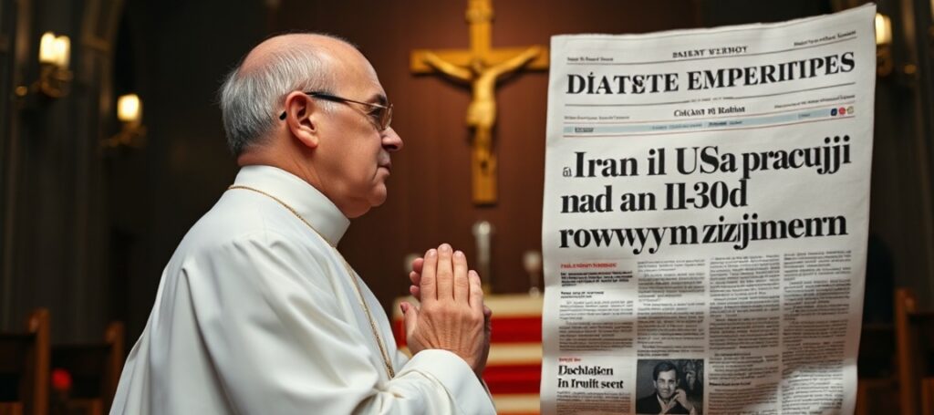 Ksiądz w tradycyjnych szatach modli się przed krzyżem w ciemnym kościele. Na tle widoczny jest fragment gazety z tytułem 'Iran i USA pracują nad 30-dniowym rozejmem'.