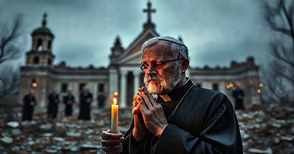 Ksiądz modli się przed zniszczonym kościołem w tle budynek Sejmu i politycy debatują nad kryptoaktywami