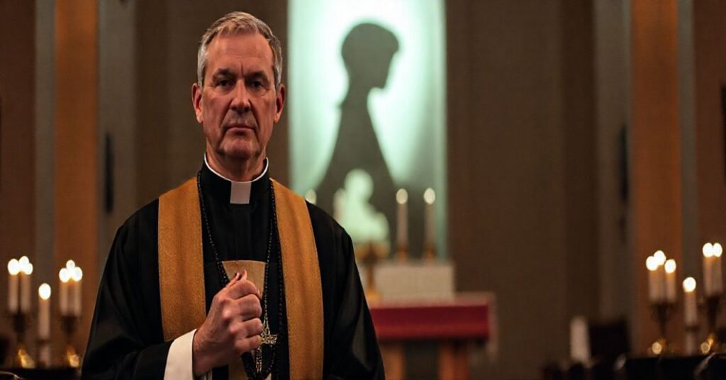 Ksiądz w tradycyjnym habicie modli się w ciemnym kościele przed ołtarzem z zapalonymi świecami, z subtelnym zarysem dziecka w tle symbolizującym zagładę nienarodzonych.