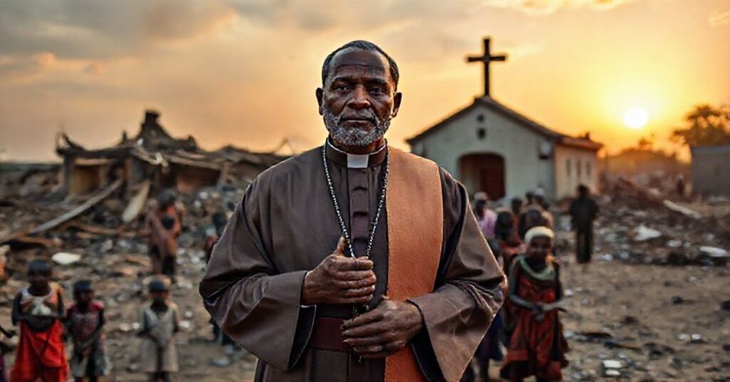 Ksiądz katolicki w tradycyjnym stroju liturgicznym modli się w zniszczonej nigerijskiej wiosce po ataku terrorystycznym na chrześcijan.