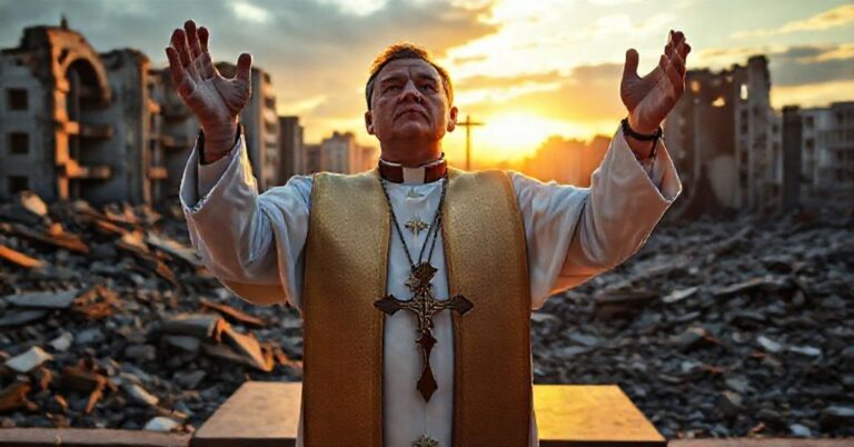 Ksiądz w tradycyjnym ornaty modli się przed zniszczonym kościołem w Ukrainie podczas rosyjskiego ataku.