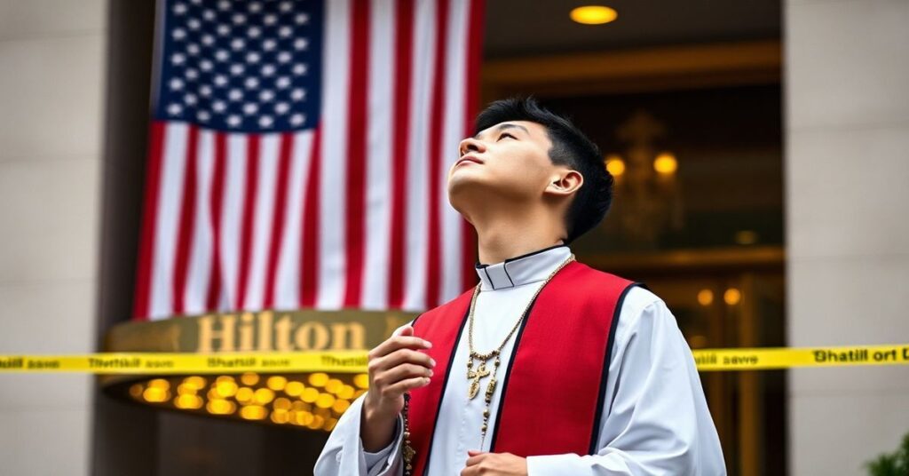 Tradycyjny ksiądz katolicki modli się przed hotelem Hilton w Waszyngtonie po strzelaninie na gali z udziałem Donalda Trumpa i Cole Tomas Allen