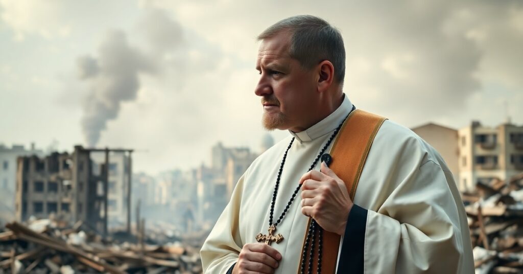Ksiądz w liturgicznych szatach modli się przed zniszczonym miastem na Ukrainie, symbolizując cierpienie i milczenie Kościoła wobec wojny.
