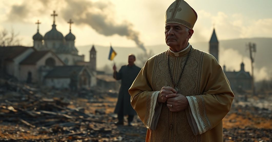 Tradycyjny ksiądz w liturgycznej szacie modli się przed zniszczonym krajobrazem Ukrainy, symbolizując cierpienie wierzących i zdradę polityczną.
