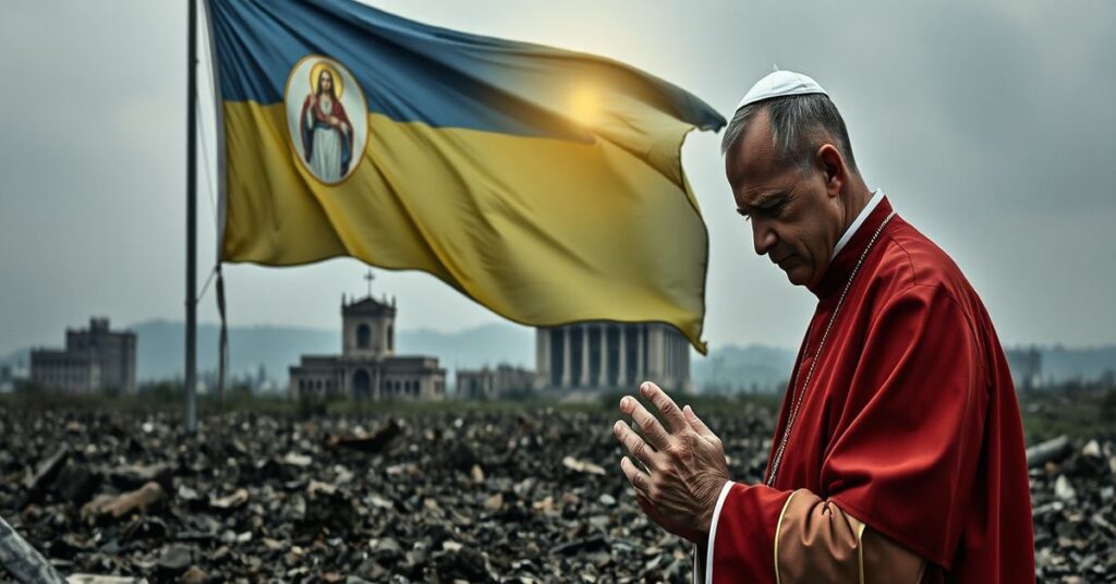 Ksiądz w tradycyjnych szatach modli się w opuszczonej Ukrainie, tło przedstawia zniszczenia wojny i słabo widoczne obrazy świętych