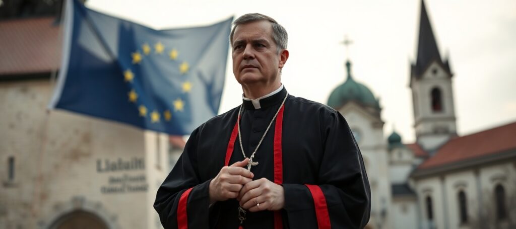 Ksiądz w liturgicznych szatach modli się przed węgierskim kościołem z widokiem na flagę UE na tle.