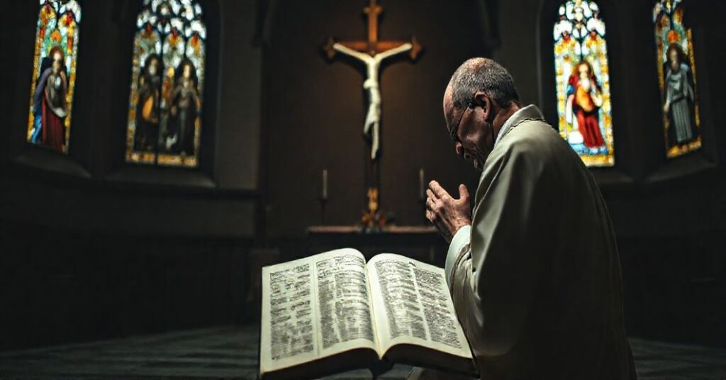 Tradycyjny katolicki ksiądz w szatach liturgicznych modli się przed krzyżem w starym kościele, wyrażając smutek nad synkretyzmem i utrata wiary