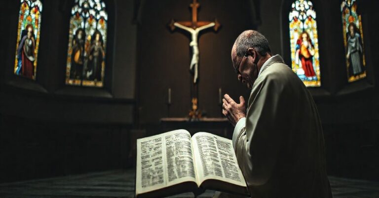 Tradycyjny katolicki ksiądz w szatach liturgicznych modli się przed krzyżem w starym kościele, wyrażając smutek nad synkretyzmem i utrata wiary