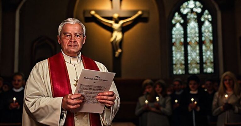 Katolicki ksiądz w tradycyjnym ubiorze modli się przed krzyżem w kościele, symbolizując opór przeciwko ograniczaniu wolności religijnej.