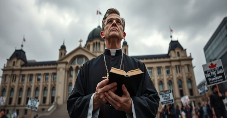 Ksiądz w tradycyjnych szatach modli się przed budynkiem Parlamentu Kanadyjskiego na tle nowoczesnej architektury i manifestacji