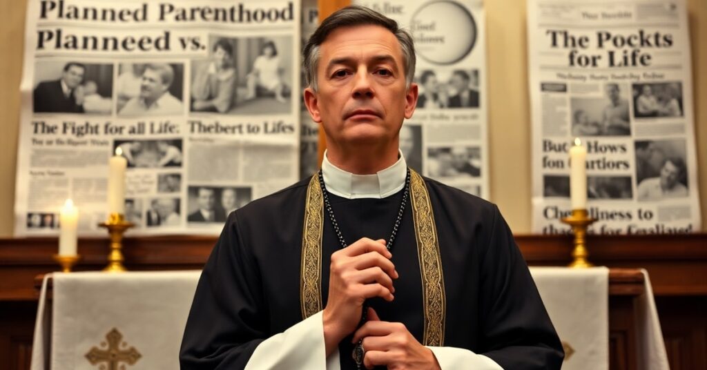 Ksiądz w tradycyjnym stroju liturgicznym modli się przed ołtarzem kościelnym z różańcem w ręku, z tłem przedstawiającym protesty i dokumenty sądowe dotyczące aborcji w Alasce