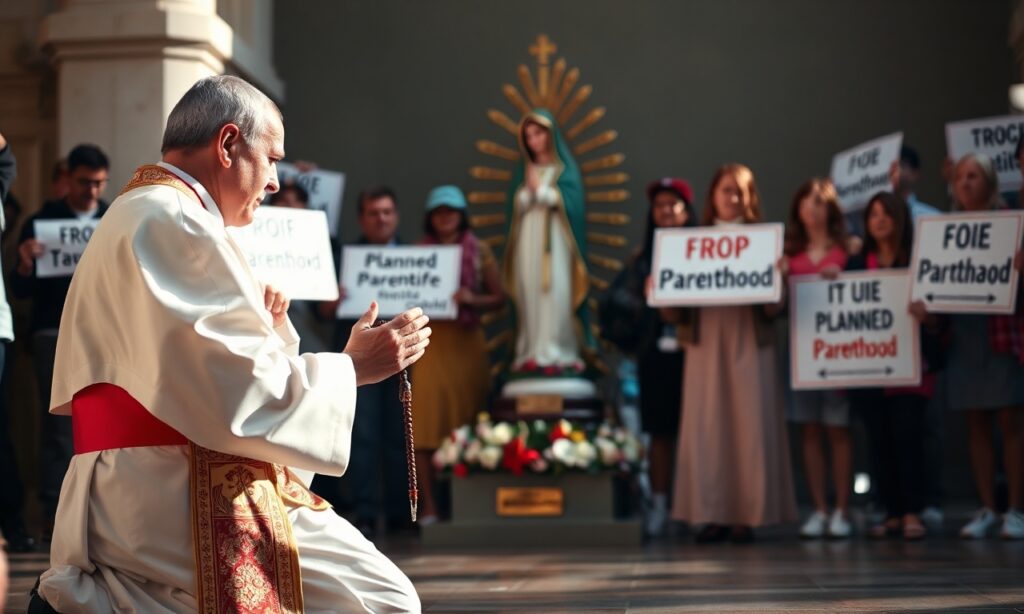 Ksiądz w tradycyjnych szatach modli się przed rzeźbą Matki Bożej z Guadalupe na tle protestu przeciwko Planowaniu Rodziny