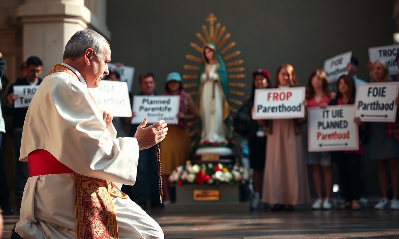 Ksiądz w tradycyjnych szatach modli się przed rzeźbą Matki Bożej z Guadalupe na tle protestu przeciwko Planowaniu Rodziny